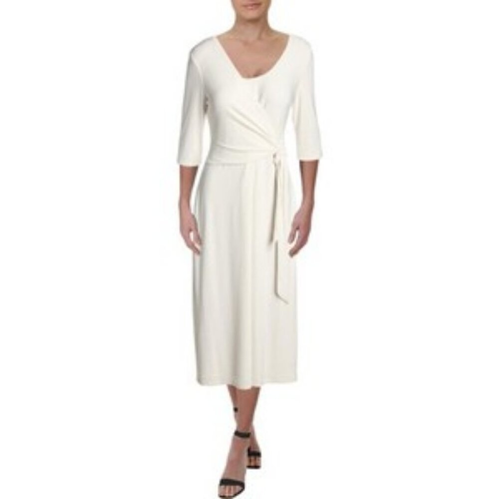Lauren Ralph Lauren Barrie (Winter Cream) Faux-Wrap Jersey Midi Dress — Size 4